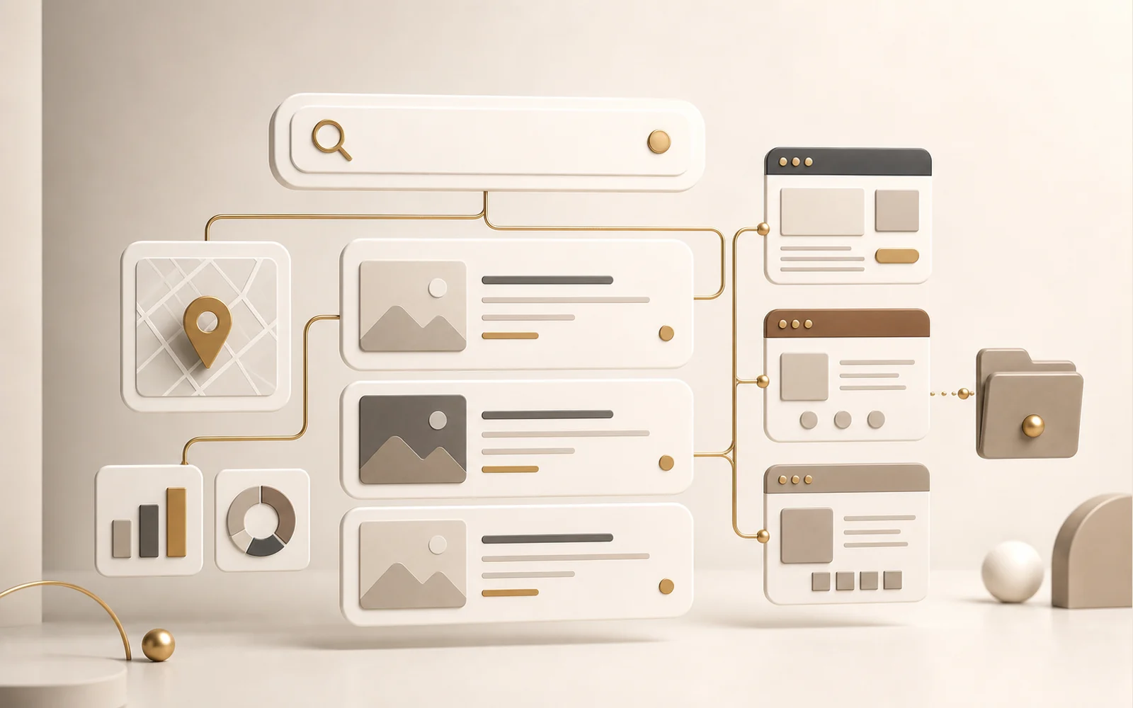 Imagem 3D minimalista representando estrutura para buscas e organização de conteúdo digital.