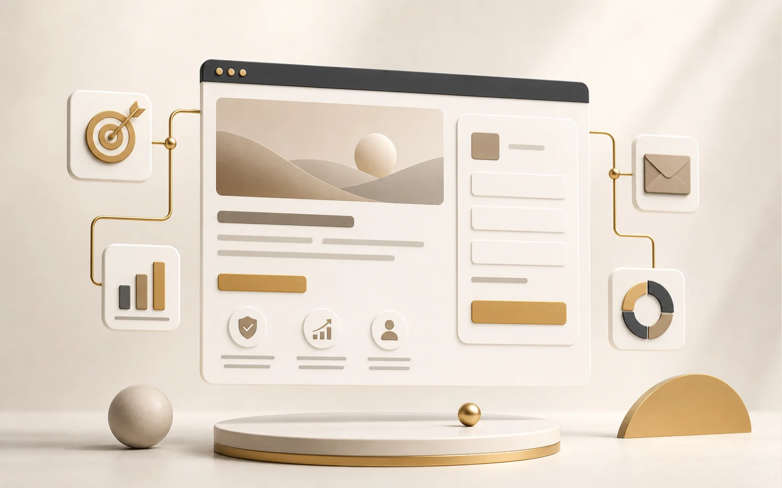 Imagem 3D minimalista representando landing pages comerciais para captação de clientes.