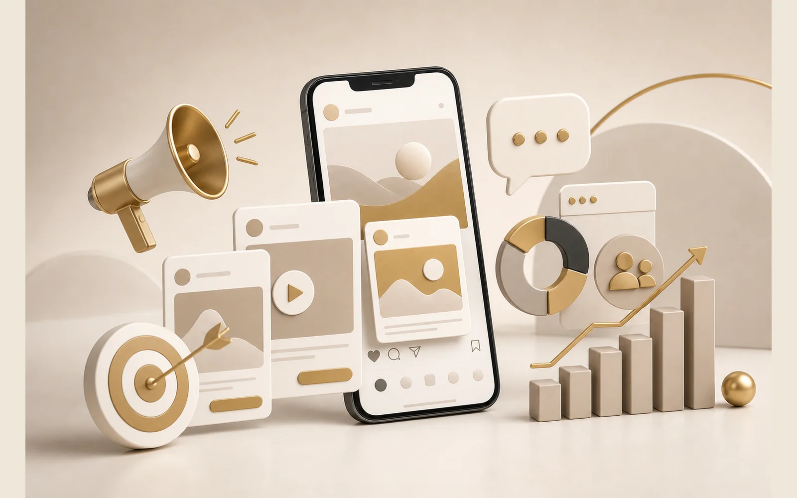 Imagem 3D minimalista representando anúncios para Instagram, Facebook e campanhas de conversa.